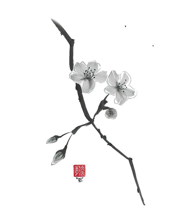 デジタル「桜の花」、ダウンロード、花、墨絵、水墨画、壁アート、植物