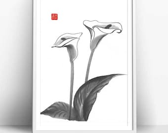 Love of Callas, Japanese sumi-e Original Art Asian painting, Wall decor,home decor, black and white, minimalist art, wedding gift