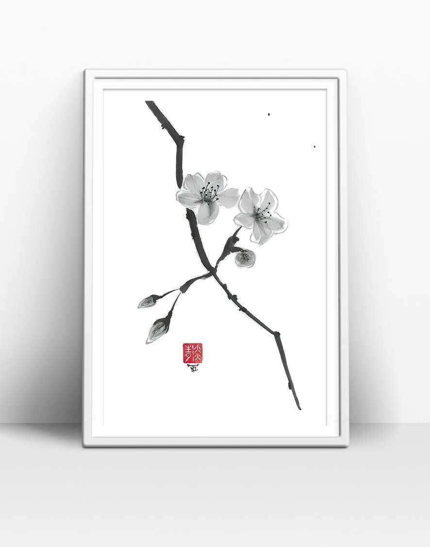 デジタル「桜の花」、ダウンロード、花、墨絵、墨絵、壁アート、植物