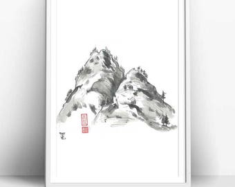 Digital Download ”Shining Mountains” in Japanese Art Style, Black & White, Painted in Sumi-e style, Great Minimal, Asian Art Design