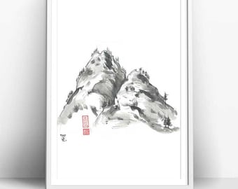 Digitale download "Shining Mountains" in Japanse kunststijl, zwart-wit, geschilderd in Sumi-e-stijl, geweldig minimaal, Aziatisch kunstontwerp