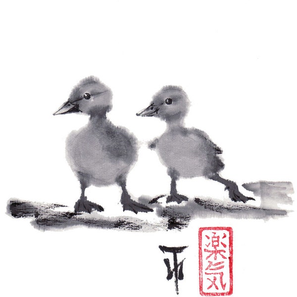 Print "Two duckling friends" - Sumi-e Japanese art Ink wash painting 8.5x11" - Reproduction Art Pet wall decor