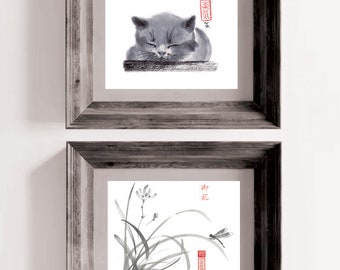 Digital Bundle of Bestsellers "Sleepy Cat" + "Wild Orchid and Dragonfly", Download, Ink Drawing, Wall art, Minimalist, Japanese Art, Sumi-e