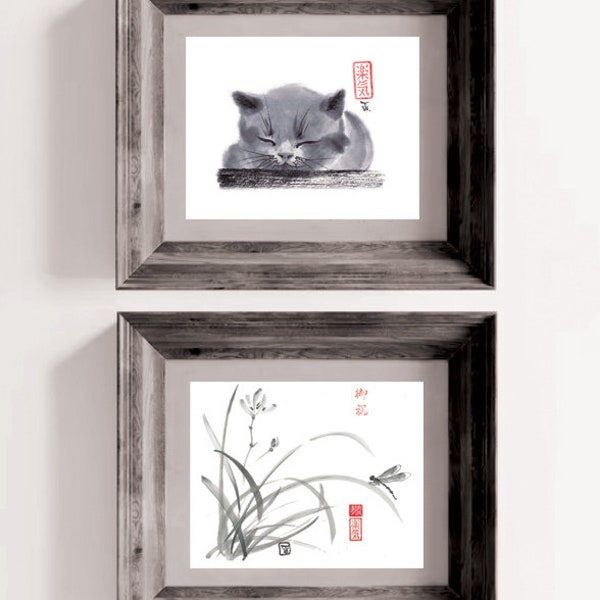 Digital Bundle of Bestsellers "Sleepy Cat" + "Wild Orchid and Dragonfly", Download, Ink Drawing, Wall art, Minimalist, Japanese Art, Sumi-e