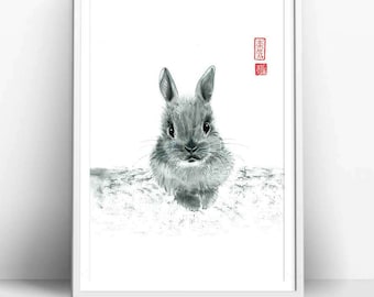 Digitaal "konijntje", download, inktpenseel, inkttekening, Aziatische kunst, kunst aan de muur, minimalistisch, Japanse kunst, Sumi-e, cadeau, huisdieren, dier, voor haar, hem