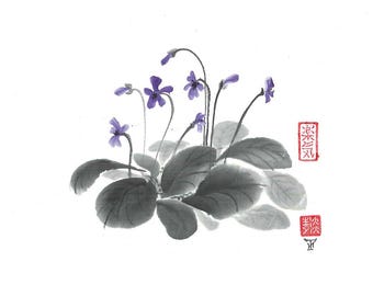 Digital "Wild Violets", Download, Flowers, Ink Brush, Ink Drawing, Wall art, Plant, Minimalist, Japanese Art, Sumi-e, gift for her
