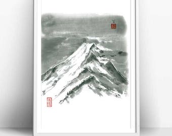 Digital Download ”The King-Mountain” in Japanese Art Style, Black & White, Painted in Sumi-e style, Great Minimal, Asian Art Design