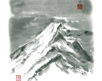 Digitale kunst "The King-Mountain" in Japanse kunststijl, zwart-wit, geschilderd in Sumi-e-stijl, geweldig minimaal, Aziatisch kunstontwerp
