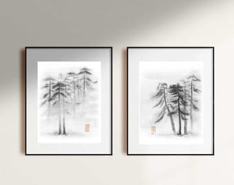 Digitale 2 bestanden "Dennenbomen in de mist", download, landschap, inktpenseel, inkttekening, kunst aan de muur, natuur, minimalistisch, Japanse kunst, Sumi-e, cadeau
