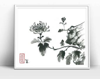 Print "Chrysanthemum" in Traditional Japanese Art Style, Black and White, Painted in Sumi-e style, Great Minimal, Asian Art Design, 11x8.5