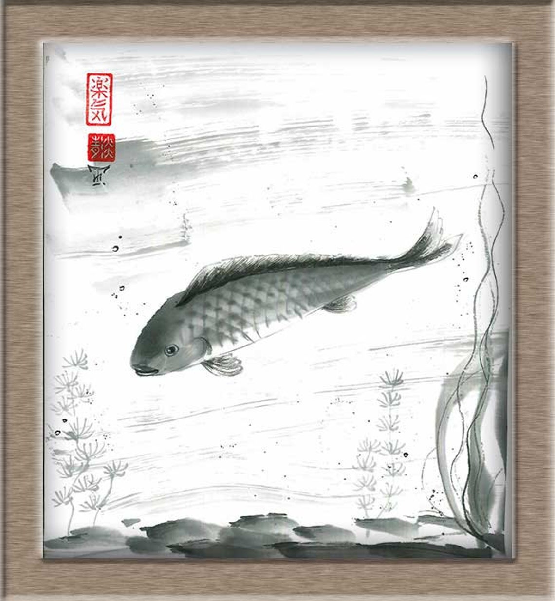 Original Art fish Japanese Sumie Asian Painting Wall Decor Home Decor