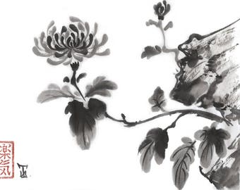 Digitale kunst "Chrysant", download, traditionele Japanse kunststijl, zwart-wit, geschilderde Sumi-e-stijl, geweldig minimalistisch Aziatisch kunstontwerp