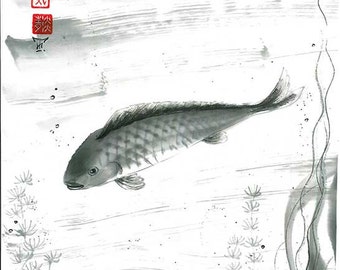 Original art "Fish" - Japanese sumi-e - asian painting - Wall decor - home decor - black and white - minimalist art - gift for him