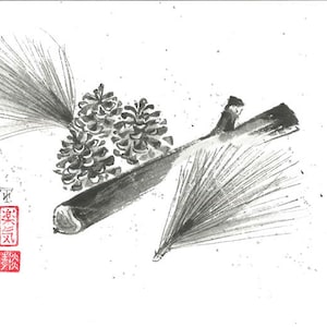 Original art &quot;Pine cones&quot; - Japanese sumi-e - asian painting - Wall decor - home decor - black and white - minimalist art - gift for him