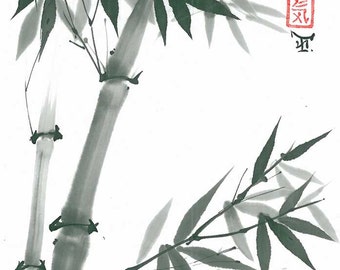 Original Art "Bamboo branch" - Japanese sumi-e - asian painting - Wall decor - home decor - black and white - minimalist art