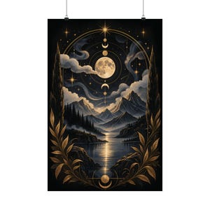 May include: A vertical wall art print featuring a dark night landscape with a full moon, mountain range, and lake. The scene is framed by golden botanical illustrations and celestial moon phase symbols, with a star at the top and clouds.