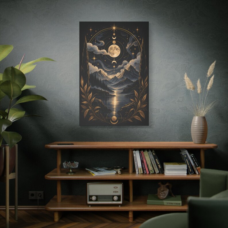 Moon Phases Mountain Lake Canvas | Celestial Night Wall Art image 2