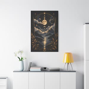 Moon Phases Mountain Lake Canvas | Celestial Night Wall Art image 3