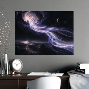 May include: A wall art print depicting a cosmic scene with a swirling purple and white nebula funneling into a bright light source, with scattered asteroids, distant moons, and a dark, cloudy planetary surface visible in the lower foreground.