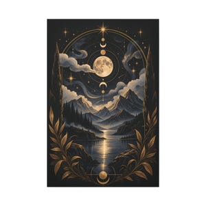 Moon Phases Mountain Lake Canvas | Celestial Night Wall Art image 4