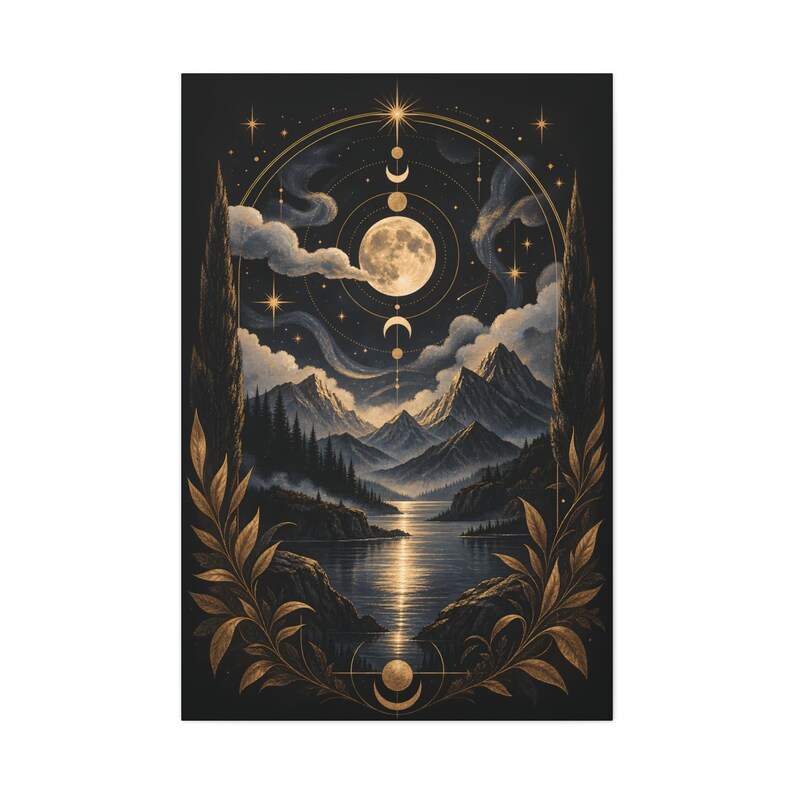 Moon Phases Mountain Lake Canvas | Celestial Night Wall Art image 4