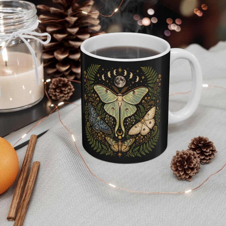 Luna Moth Moon Mug | Celestial Botanical Coffee Cup image 1