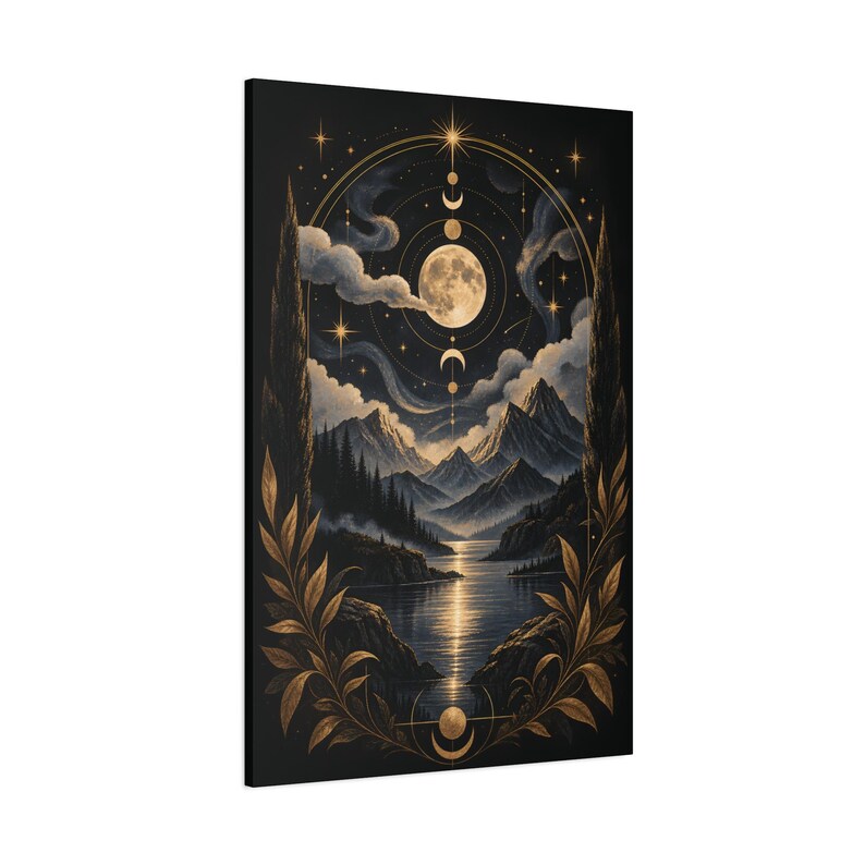 Moon Phases Mountain Lake Canvas | Celestial Night Wall Art image 5