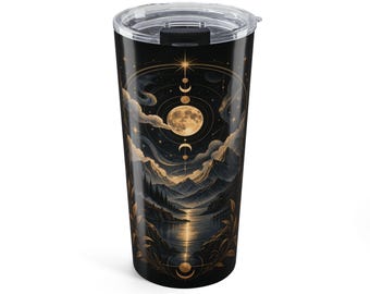 Golden Moon Phases Landscape Tumbler | 20oz Celestial Mountains