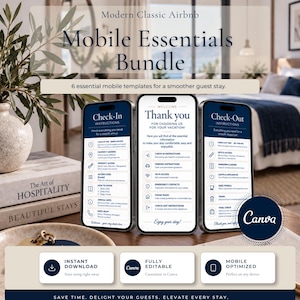 Könnte beinhalten: Ein digitales Paket mit mobilen Vorlagen für Airbnb-Gastgeber, bestehend aus drei Smartphone-Bildschirmen mit Check-in-, Willkommens- und Check-out-Anweisungen. Der Text enthält 'Modern Classic Airbnb Mobile Essentials Bundle' und '6 essential mobile templates for a smoother guest stay.'