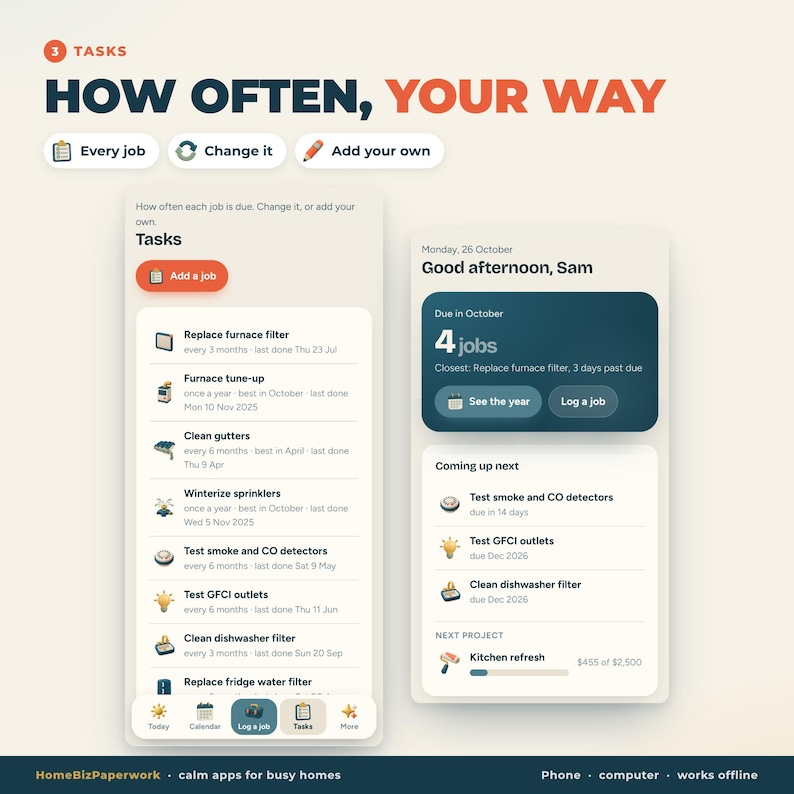 Pu&ograve; includere: Un'interfaccia digitale intitolata 3 TASKS HOW OFTEN, YOUR WAY. Mostra due schermate di un'app mobile con elenchi di attivit&agrave;, tra cui Replace furnace filter, Furnace tune-up e Clean gutters, con icone di navigazione nella parte inferiore.