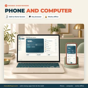 Puede incluir: Un ordenador port&aacute;til y un tel&eacute;fono inteligente que muestran un panel financiero con el texto '5 WORKS EVERYWHERE PHONE AND COMPUTER', 'Add to Home Screen', 'Any browser', 'Works offline', 'Good afternoon, Jasmine' y 'HomeBizPaperwork'.