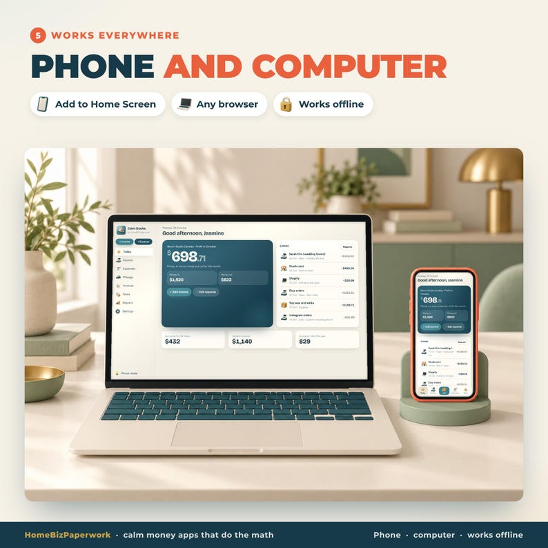 Puede incluir: Un ordenador port&aacute;til y un tel&eacute;fono inteligente que muestran un panel financiero con el texto '5 WORKS EVERYWHERE PHONE AND COMPUTER', 'Add to Home Screen', 'Any browser', 'Works offline', 'Good afternoon, Jasmine' y 'HomeBizPaperwork'.