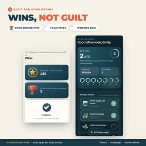Puede incluir: Una interfaz digital que muestra el texto Built for ADHD brains, Wins, not guilt y Good afternoon, Emily. La pantalla presenta seguimiento de progreso con iconos para logros peque&ntilde;os y grandes, listas de h&aacute;bitos y anillos de progreso circulares.
