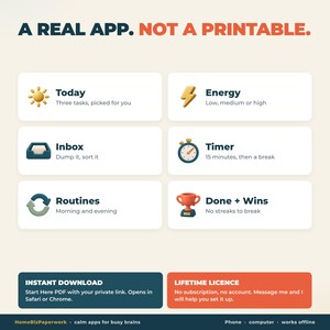 May include: A digital interface graphic titled A REAL APP. NOT A PRINTABLE. It features six white rectangular boxes with icons and text: Today, Energy, Inbox, Timer, 15 minutes, then a break, Routines, and Done + Wins with a trophy icon.