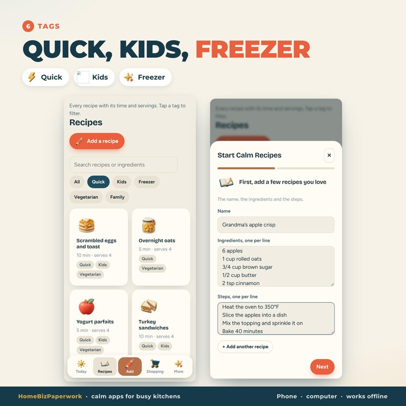 Pu&ograve; includere: Un'interfaccia digitale per un'applicazione di gestione ricette visualizzata su due schermi. Lo schermo sinistro mostra un elenco di ricette con tag come Quick, Kids e Freezer. Lo schermo destro mostra un modulo per aggiungere una nuova ricetta intitolata Grandma's apple crisp con ingredienti e passaggi.