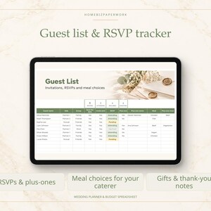 May include: A digital guest list and RSVP tracker spreadsheet displayed on a tablet screen. The interface includes columns for guest names, invitation status, meal choices, and plus-ones, with a header reading Guest List Invitations, RSVPs and meal choices.
