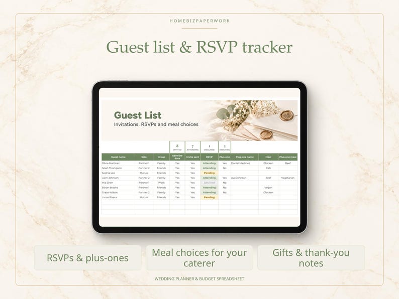 May include: A digital guest list and RSVP tracker spreadsheet displayed on a tablet screen. The interface includes columns for guest names, invitation status, meal choices, and plus-ones, with a header reading Guest List Invitations, RSVPs and meal choices.