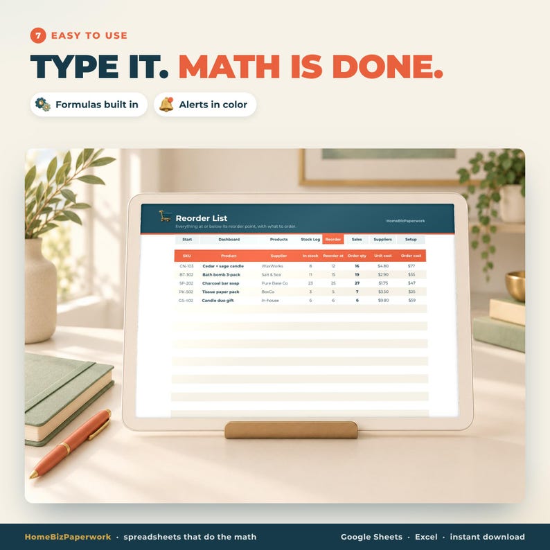 May include: A digital tablet displays a Reorder List spreadsheet with columns for SKU, Product, Supplier, In Stock, Reorder At, Order Qty, Unit Cost, and Order Cost. The screen features text stating Easy to use, Type it. Math is done, Formulas built in, and Alerts in color.