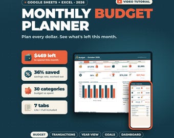 May include: A digital monthly budget planner for Google Sheets and Excel 2026. The graphic displays a dashboard interface on a computer screen and smartphone, featuring charts, savings rates, 30 categories, and 7 tabs for financial tracking.
