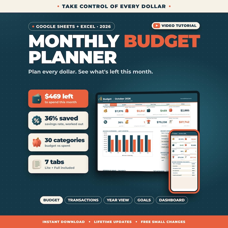 May include: A digital monthly budget planner for Google Sheets and Excel 2026. The graphic displays a dashboard interface on a computer screen and smartphone, featuring charts, savings rates, 30 categories, and 7 tabs for financial tracking.