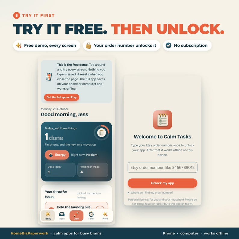 May include: A digital interface for the Calm Tasks app showing a free demo screen with task management features, a daily planner, and an unlock screen requiring an Etsy order number. The layout includes buttons for navigation, energy levels, and app activation instructions.