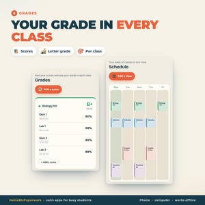 Puede incluir: Una interfaz digital titulada Grades, Your Grade in Every Class, que muestra una lista de calificaciones para Biology 101 y un horario semanal. El dise&ntilde;o incluye botones para a&ntilde;adir calificaciones o clases con bloques de colores para materias.