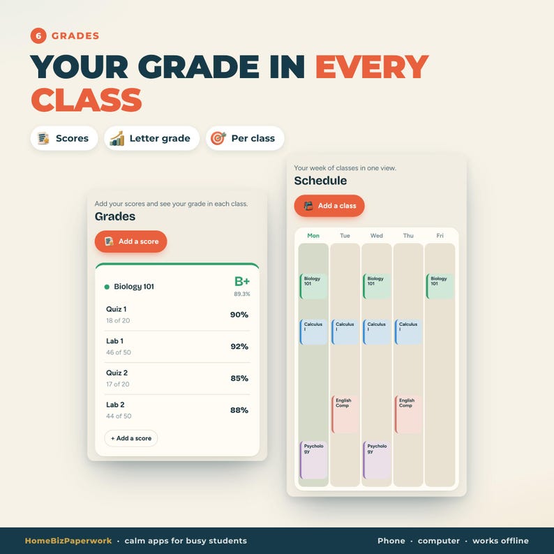 Puede incluir: Una interfaz digital titulada Grades, Your Grade in Every Class, que muestra una lista de calificaciones para Biology 101 y un horario semanal. El dise&ntilde;o incluye botones para a&ntilde;adir calificaciones o clases con bloques de colores para materias.