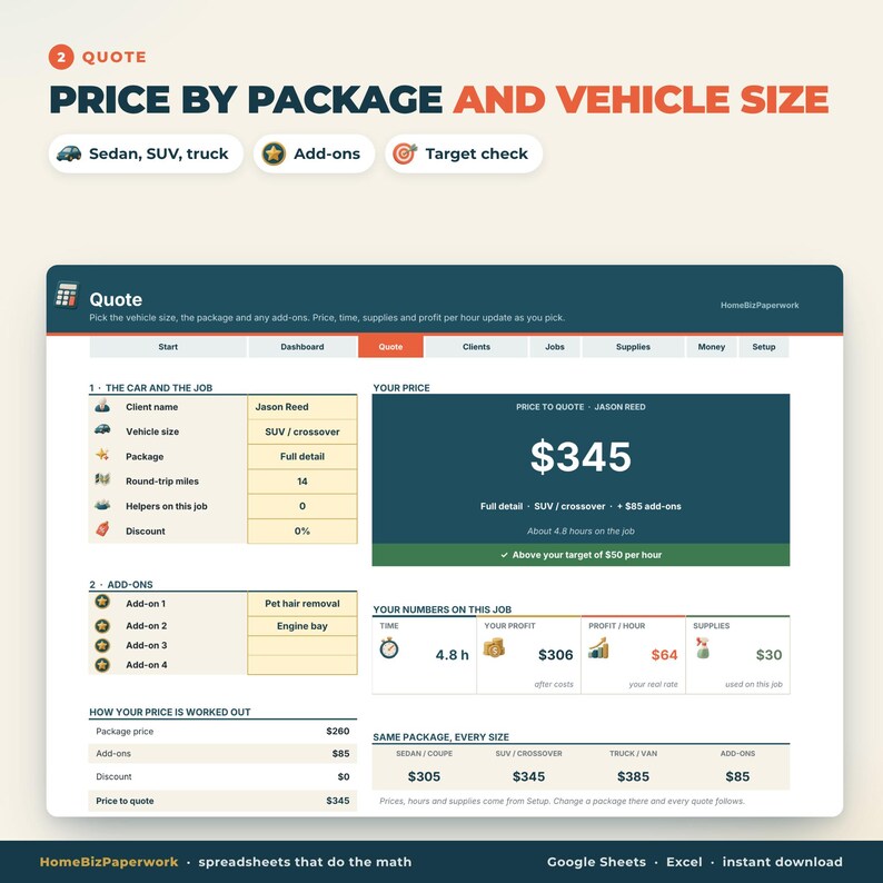 Pianificatore aziendale per autolavaggio e detailing con Fogli Google Excel / Calcolatore prezzi per autolavaggio e detailing, monitoraggio clienti e veicoli, forniture, profitto immagine 3