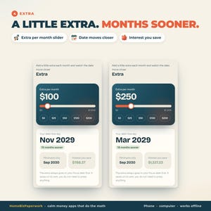K&ouml;nnte beinhalten: Eine digitale Benutzeroberfl&auml;che mit dem Titel A LITTLE EXTRA. MONTHS SOONER. zeigt zwei nebeneinander liegende Finanzrechner. Jede Karte enth&auml;lt einen Extra per month-Schieberegler, ein schuldenfreies Datum und Zinsersparnisse. Der Text umfasst Beschriftungen wie Extra, Your debt-free day und Interest you save, mit Werten von 100 $ bis 250 $ und Daten von 2029 bis 2030.