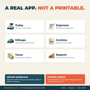 Puede incluir: Una interfaz de aplicaci&oacute;n digital titulada A REAL APP. NOT A PRINTABLE. con seis iconos para Today, Expenses, Mileage, Invoices, Taxes y Reports. Incluye texto para descarga instant&aacute;nea, licencia de por vida y compatibilidad con tel&eacute;fono y PC.