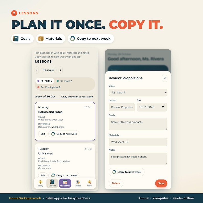 May include: A digital interface for a teacher planning application titled PLAN IT ONCE. COPY IT. The screen displays a weekly lesson schedule with sections for goals, materials, and notes, including a pop-up window for editing a lesson on proportions.