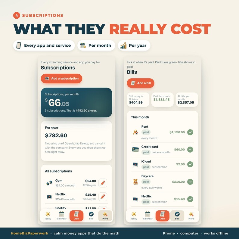 Puede incluir: Una interfaz digital titulada What They Really Cost, que muestra dos pantallas de aplicaci&oacute;n m&oacute;vil para el seguimiento de suscripciones y facturas. El dise&ntilde;o presenta botones naranjas, paneles azul oscuro y crema, y listas de gastos con montos en d&oacute;lares, iconos e indicadores de estado.