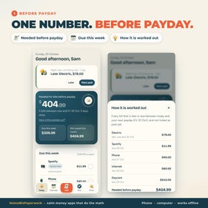 Puede incluir: Una interfaz digital para una aplicaci&oacute;n de gesti&oacute;n de facturas titulada One Number. Before Payday. La pantalla muestra res&uacute;menes financieros, incluyendo una factura de electricidad atrasada de $78.00 y un total de $404.99 necesarios antes del d&iacute;a de pago.