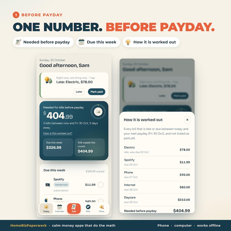 Puede incluir: Una interfaz digital para una aplicaci&oacute;n de gesti&oacute;n de facturas titulada One Number. Before Payday. La pantalla muestra res&uacute;menes financieros, incluyendo una factura de electricidad atrasada de $78.00 y un total de $404.99 necesarios antes del d&iacute;a de pago.